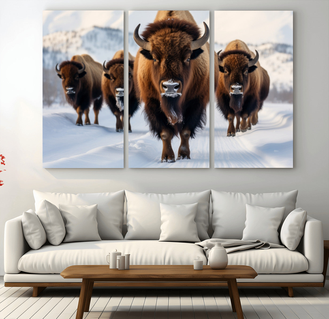 56701-MGV-CV-36X24-Bison Herd Wall Art – Buffalo Walking in Snowy Mountains Canvas Print, Rustic Wildlife Decor for Cabin, Lodge, or Living Room