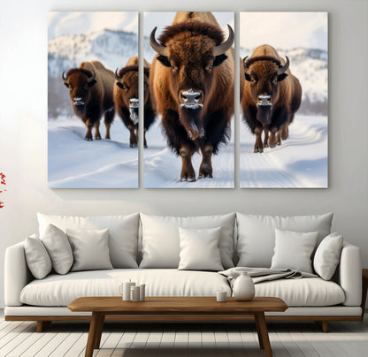 56701-MGV-CV-36X24-Bison Herd Wall Art – Buffalo Walking in Snowy Mountains Canvas Print, Rustic Wildlife Decor for Cabin, Lodge, or Living Room