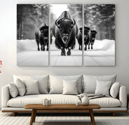 45287-MGV-CV-36X24-Bison Herd Wall Art – Black and White Buffalo Snow Road Canvas Print, Rustic Wildlife Decor for Cabin, Lodge or Living Room