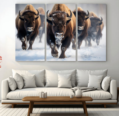 80512-MGV-CV-48X32-3P-Bison Herd Wall Art – Buffalo Running in Snow Canvas Print, Rustic Wildlife Photography Decor for Cabin, Lodge, or Living Room