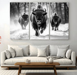 97552-MGV-CV-48X32-3P-Black and White Bison Wall Art – Buffalo Herd Running in Snow Canvas Print, Rustic Wildlife Photography Decor for Cabin, Lodge, or