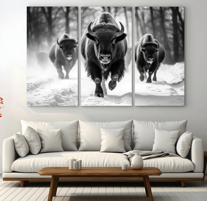 97552-MGV-CV-48X32-3P-Black and White Bison Wall Art – Buffalo Herd Running in Snow Canvas Print, Rustic Wildlife Photography Decor for Cabin, Lodge, or