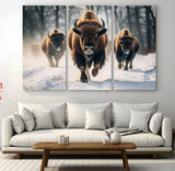 56549-MGV-CV-48X32-3P-Wild Bison Wall Art – Majestic Buffalo Herd Running in Snow Canvas Print, Rustic Wildlife Photography Decor for Cabin, Lodge, or