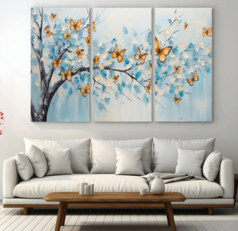 59455-MGV-CV-36X24-Butterfly Tree Branch Wall Art – Blue and Yellow Abstract Canvas Print, Modern Nature Artwork for Living Room, Bedroom or Office