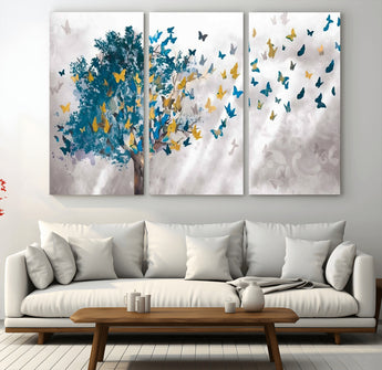 37564-MGV-CV-36X24-Butterfly Tree Wall Art – Modern Nature Canvas Print with Blue and Golden Butterflies, Elegant Decorative Painting for Living Room