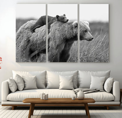 76338-MGV-CV-36X24-Mother Bear and Cub Wall Art – Black and White Wildlife Canvas Print, Rustic Nature Photography for Cabin, Living Room or Office