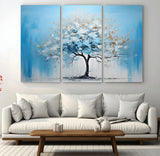 25021-MGV-CV-36X24-Abstract Tree Wall Art – Blue and White Canvas Painting with Gold Accents, Modern Nature-Inspired Artwork for Living Room, Bedroom