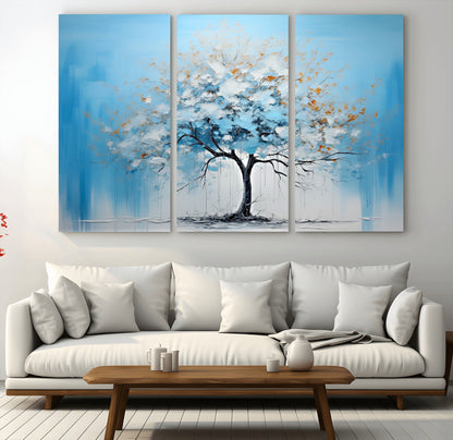 25021-MGV-CV-36X24-Abstract Tree Wall Art – Blue and White Canvas Painting with Gold Accents, Modern Nature-Inspired Artwork for Living Room, Bedroom