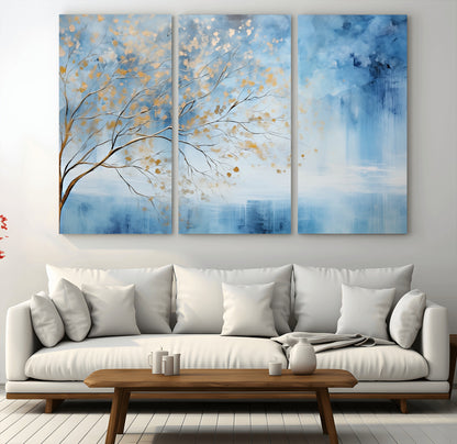 23891-MGV-CV-36X24-Abstract Tree Wall Art – Minimalist Blue and Gold Canvas Painting, Elegant Nature-Inspired Artwork for Living Room, Bedroom or