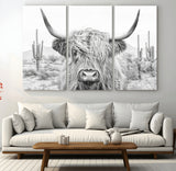 94579-MGV-CV-36X24-Highland Cow Wall Art – Black and White Longhorn Canvas Print, Rustic Western Farmhouse Animal Photography for Living Room,