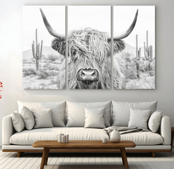 94579-MGV-CV-36X24-Highland Cow Wall Art – Black and White Longhorn Canvas Print, Rustic Western Farmhouse Animal Photography for Living Room,