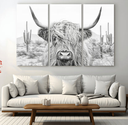 94579-MGV-CV-36X24-Highland Cow Wall Art – Black and White Longhorn Canvas Print, Rustic Western Farmhouse Animal Photography for Living Room,