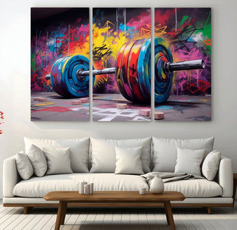 13549-MGV-CV-36X24-Graffiti Gym Wall Art Canvas Print, Framed Graffiti Barbell Art Picture Print, Weightlifting Perfect Fitness Studio Decor Artwork