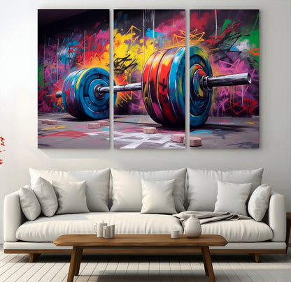 13549-MGV-CV-36X24-Graffiti Gym Wall Art Canvas Print, Framed Graffiti Barbell Art Picture Print, Weightlifting Perfect Fitness Studio Decor Artwork