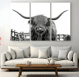 58188-MGV-CV-36X24-Highland Cow Wall Art – Black and White Rustic Farmhouse Canvas Print, Longhorn Cattle Photography Decor for Living Room or