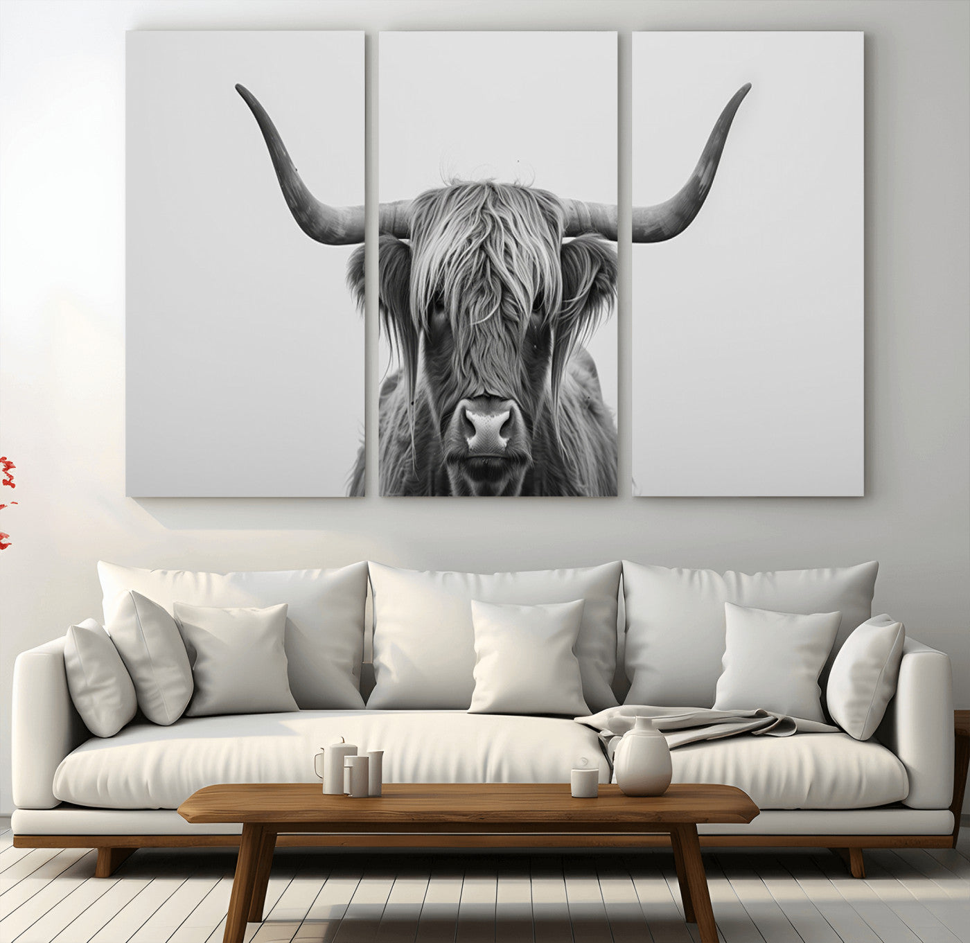 35820-MGV-CV-36X24-Minimalist Highland Cow Wall Art – Black and White Longhorn Cattle Canvas Print, Modern Farmhouse Animal Photography Decor for