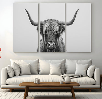 35820-MGV-CV-36X24-Minimalist Highland Cow Wall Art – Black and White Longhorn Cattle Canvas Print, Modern Farmhouse Animal Photography Decor for