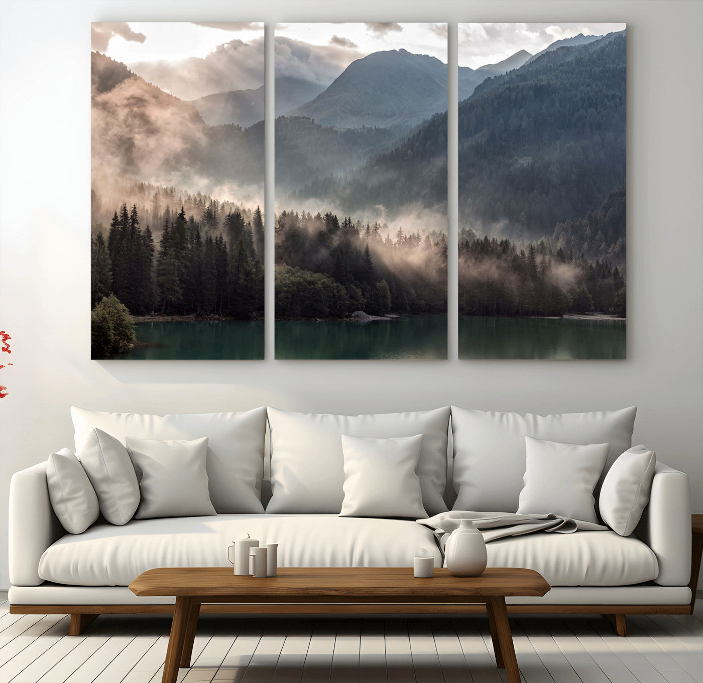 61116-MGV-CV-36X24-Misty Mountain Lake Wall Art – Tranquil Foggy Forest and Lake Canvas Print, Scenic Nature Landscape Decor for Living Room or