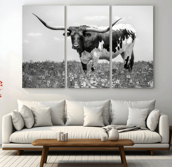 94709-MGV-CV-36X24-Texas Longhorn Wall Art – Black and White Bull Photography Canvas Print, Western Farmhouse Wall Decor for Living Room, Office or