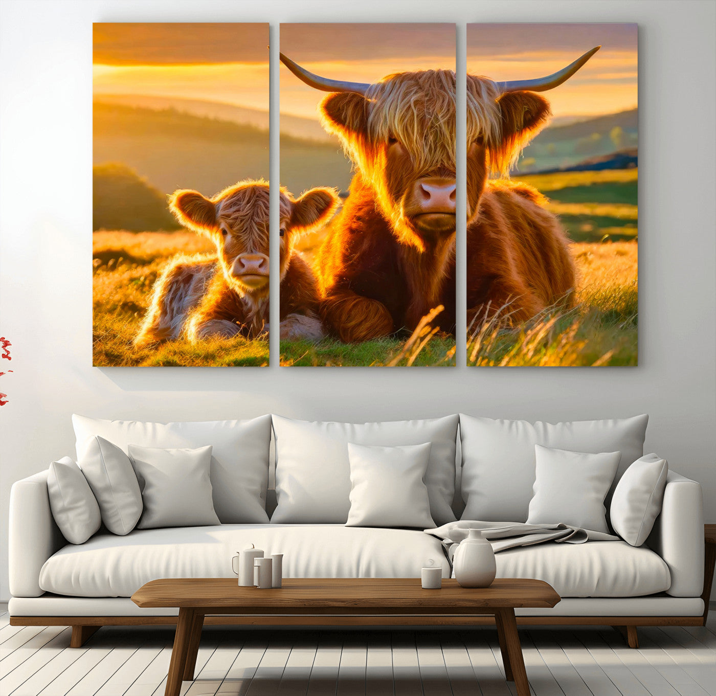 20567-MGV-CV-36X24-Highland Cow and Calf Wall Art – Rustic Farmhouse Sunset Cattle Canvas Print, Country Animal Artwork for Living Room, Bedroom, or