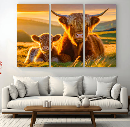 20567-MGV-CV-36X24-Highland Cow and Calf Wall Art – Rustic Farmhouse Sunset Cattle Canvas Print, Country Animal Artwork for Living Room, Bedroom, or