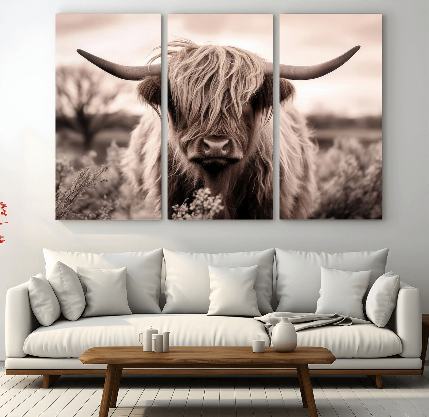 55903-MGV-CV-36X24-Highland Cow Wall Art – Rustic Sepia Scottish Highland Bull Canvas Print, Farmhouse Country Animal Decor for Living Room, Bedroom