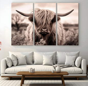 55903-MGV-CV-36X24-Highland Cow Wall Art – Rustic Sepia Scottish Highland Bull Canvas Print, Farmhouse Country Animal Decor for Living Room, Bedroom