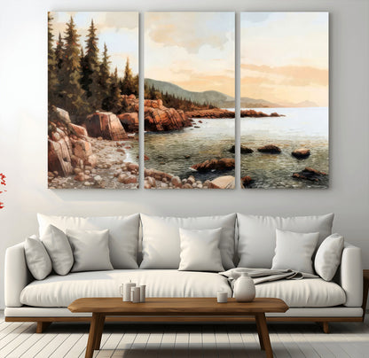77145-MGV-CV-48X32-3P-Coastal Landscape Wall Art – Panoramic Rocky Shoreline and Pine Trees Canvas Print, Rustic Nature Decor for Cabin, Lodge, Office,