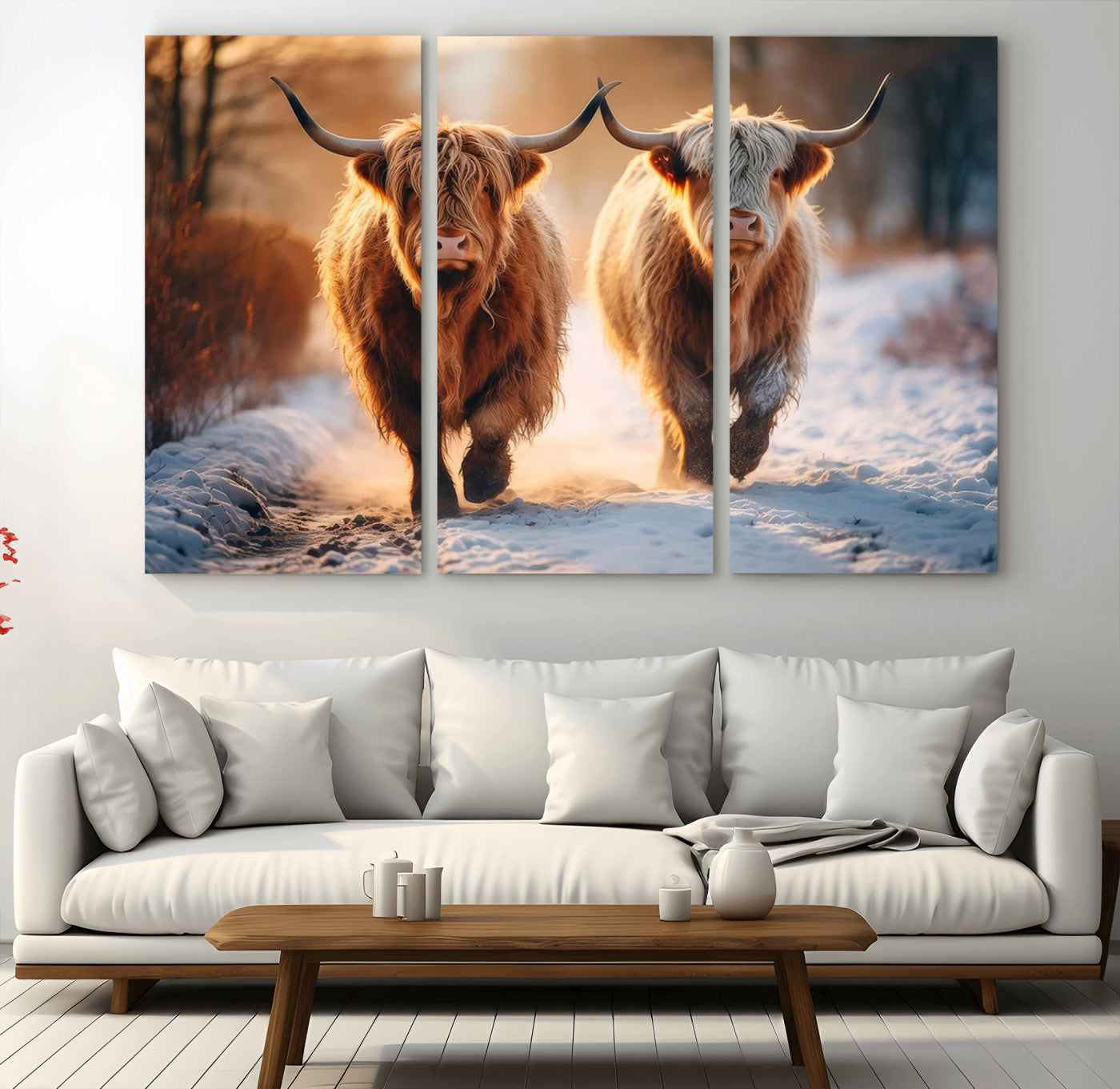 50490-MGV-CV-48X32-3P-Highland Cow Wall Art – Rustic Panoramic Canvas Print Two Cattle Snowy Landscape, Farmhouse Country Decor for Living Room Office