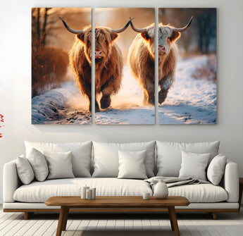 50490-MGV-CV-48X32-3P-Highland Cow Wall Art – Rustic Panoramic Canvas Print Two Cattle Snowy Landscape, Farmhouse Country Decor for Living Room Office