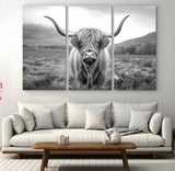 52903-MGV-CV-48X32-3P-Highland Cow Wall Art – Black and White Canvas Print Rustic Cattle Portrait, Farmhouse Country Decor for Living Room, Office,