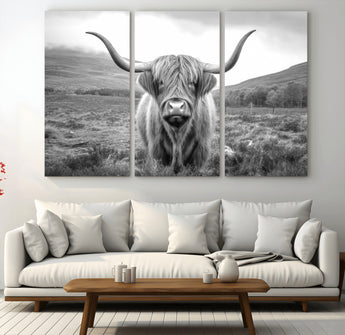 52903-MGV-CV-48X32-3P-Highland Cow Wall Art – Black and White Canvas Print Rustic Cattle Portrait, Farmhouse Country Decor for Living Room, Office,