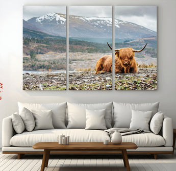 80252-MGV-CV-48X32-3P-Scottish Cow Wall Art Canvas Print, Framed Highland Cow Art Picture Print, Highland Cattle Perfect Rustic Farmhouse Decor Artwork