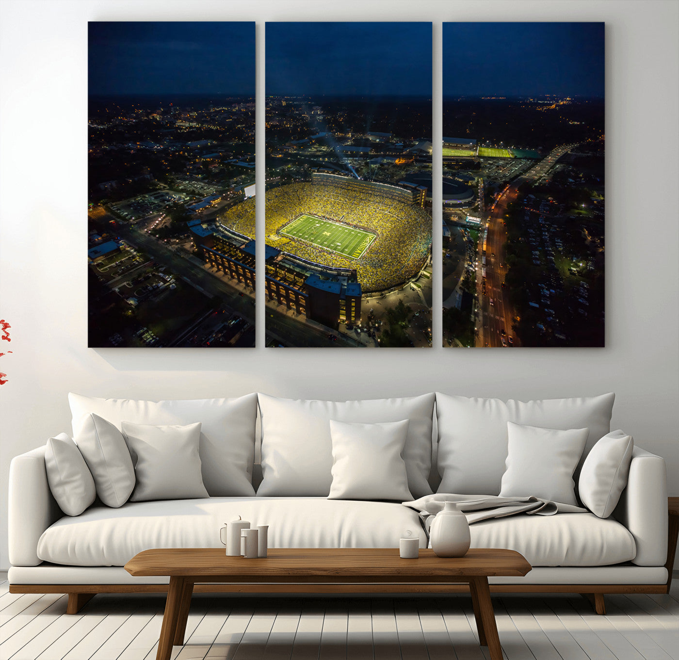 33588-MGV-CV-48X32-3P-Football Stadium Wall Art – Aerial Night Game Canvas Print Packed Field City Lights, Sports Photography Decor for Game Room, Man