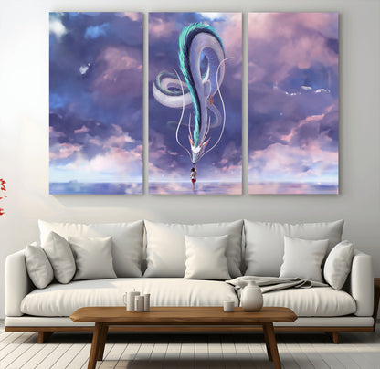 66864-MGV-CV-48X32-3P-Fantasy Dragon Wall Art – Mystical Canvas Print Girl and Sky Serpent Dreamlike Clouds, Magical Anime Inspired Decor for Living