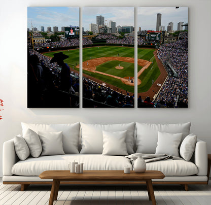 34859-MGV-CV-48X32-3P-Wrigley Field Wall Art Canvas Print, Framed Chicago Cubs Stadium Art Picture Print, Wrigley Stadium Field Perfect Sport Room Decor