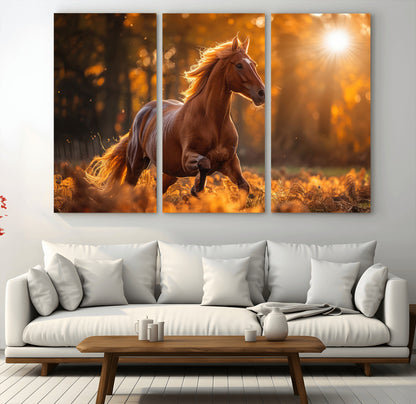 92144-MGV-CV-48X32-3P-Sunset Horse Wall Art Canvas Print, Framed Horse Barn Art Picture Print, Majestic Horse Perfect Rustic Farmhouse Decor Artwork