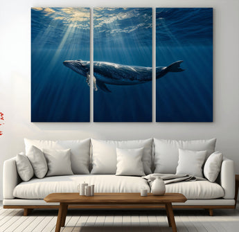 18052-MGV-CV-48X32-3P-Whale Wall Art – Majestic Ocean Canvas Print Marine Life Underwater Sunlight Scene, Nautical Coastal Decor for Living Room,