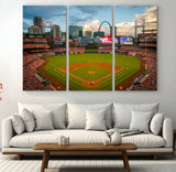 91908-MGV-CV-48X32-3P-Baseball Stadium Wall Art – Canvas Print Game Day Field City Skyline Iconic Arch Scene Sports Photography, Decor for Game Room,