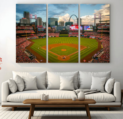 91908-MGV-CV-48X32-3P-Baseball Stadium Wall Art – Canvas Print Game Day Field City Skyline Iconic Arch Scene Sports Photography, Decor for Game Room,