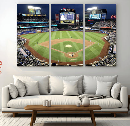 87666-MGV-CV-48X32-3P-City Field Stadium Wall Art Canvas Print, Framed New York Stadium Art Picture Print, Citi Field Stadium Perfect Sport Room Decor