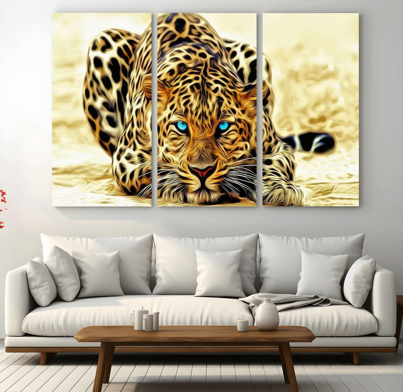 45281-MGV-CV-48X32-3P-Blue Eye Leopard Wall Art Canvas Print, Framed Leopard Painting Art Picture Print, Big Cat Perfect Safari Wildlife Decor Artwork