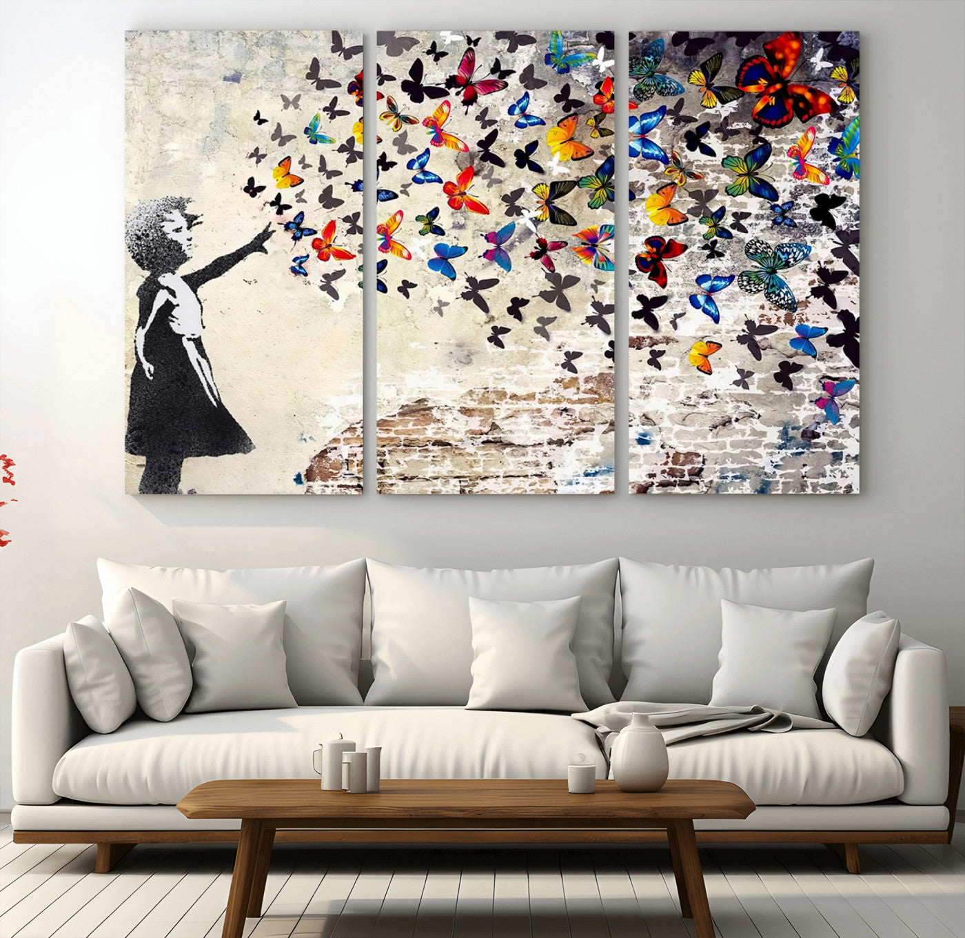 97895-MGV-CV-48X32-3P-Girl with Butterflies Wall Art – Colorful Street Art Style Canvas Print, Modern Graffiti-Inspired Butterfly Artwork for Living