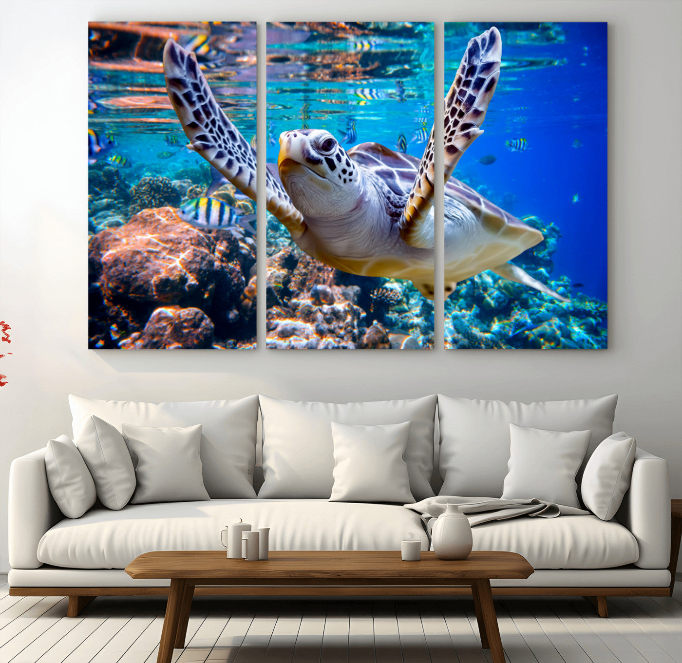 12683-MGV-CV-36X24-Sea Turtle Wall Art – Graceful Ocean Canvas Print with Coral Reef and Tropical Fish, Coastal Marine Life Decor for Beach House,