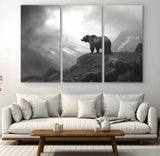 49504-MGV-CV-36X24-Black and White Grizzly Bear Wall Art – Wilderness Wildlife Painting, Rustic Mountain Cabin Decor, Monochrome Animal Print for