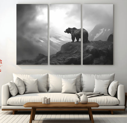 49504-MGV-CV-36X24-Black and White Grizzly Bear Wall Art – Wilderness Wildlife Painting, Rustic Mountain Cabin Decor, Monochrome Animal Print for