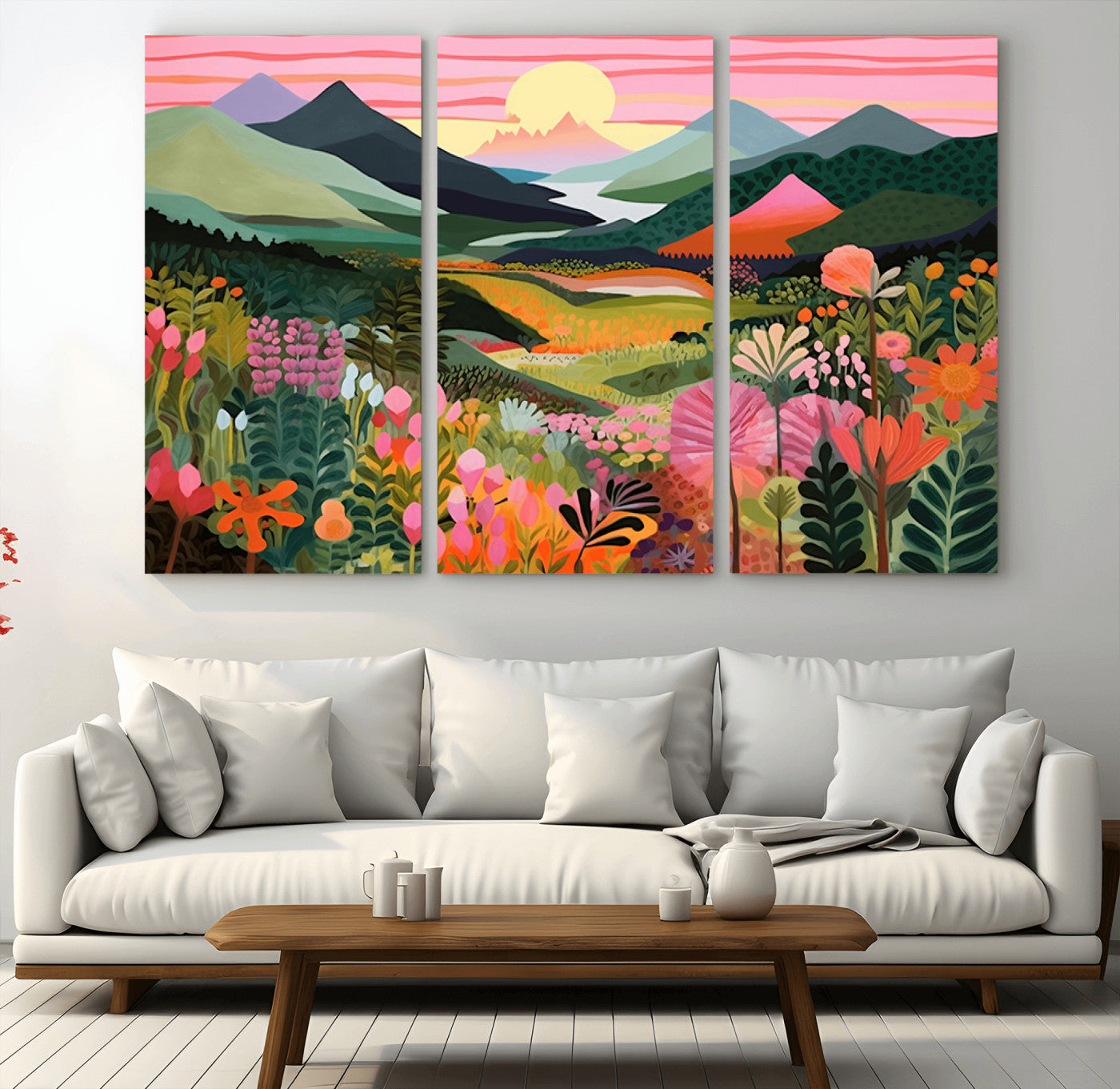 99638-MGV-CV-48X32-3P-Sunset Meadow Wall Art – Panoramic Mountain Landscape with Wildflowers Canvas Print, Vibrant Nature Decor for Living Room, Bedroom