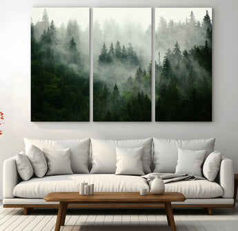 167720496-MGV-CV-36X24-Misty Forest Wall Art – Serene Evergreen Trees Canvas Print, Foggy Mountain Nature Landscape Decor for Bedroom, Living Room or