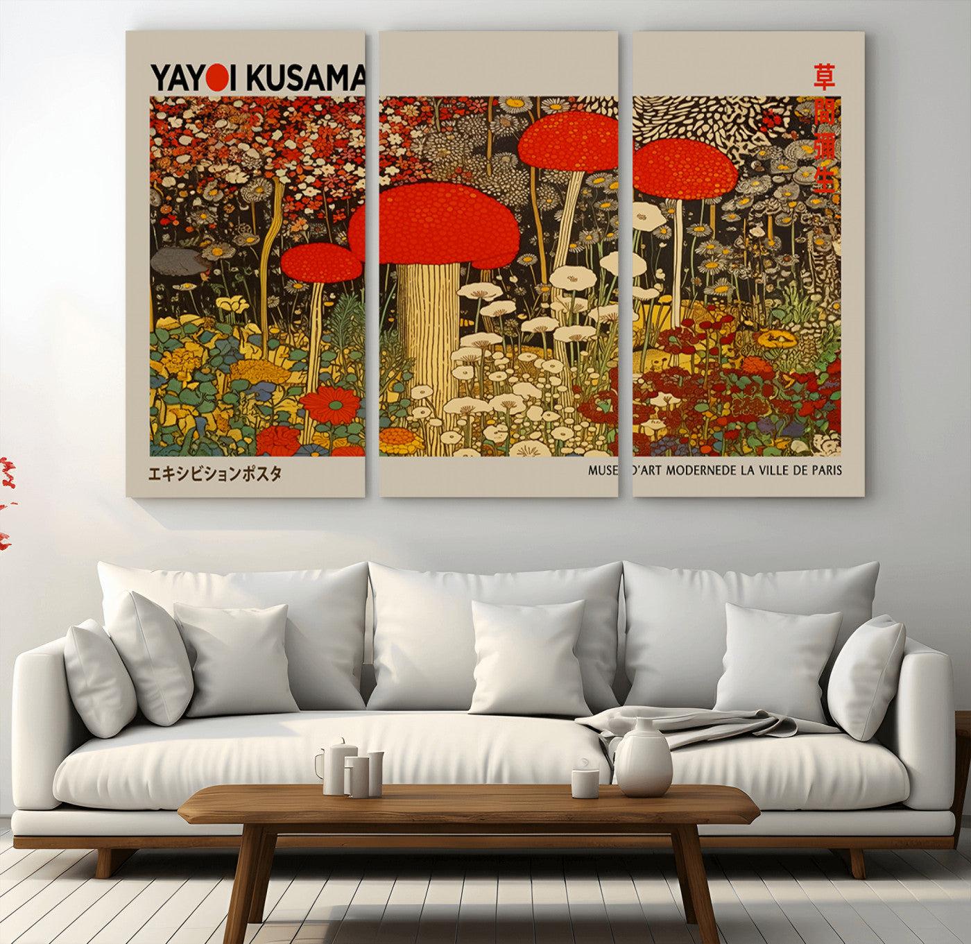 38013-MGV-CV-36X24-Yayoi Kusama Inspired Mushroom Garden Wall Art – Whimsical Botanical Canvas Print, Surreal Nature Poster, Fantasy Floral Artwork