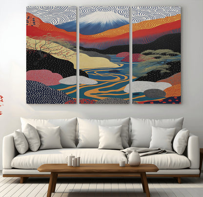 32131-MGV-CV-36X24-Japanese Mount Fuji Wall Art – Abstract Landscape Canvas Print with Swirling Sky & River, Modern Minimalist Asian Inspired Poster
